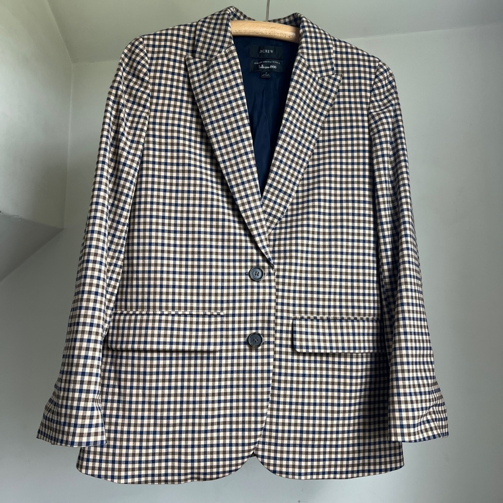 J.Crew Boyfriend Blazer Plaid Italian Stretch Wool Blazer Jacket 4 Navy Brown - Picture 16 of 16